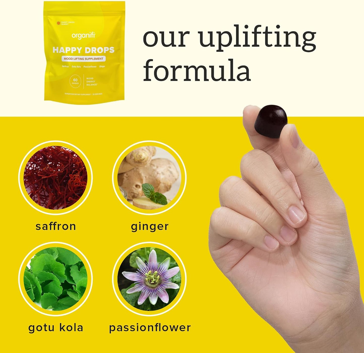 Organifi Happy Drops - Daily Superfood Happy Gummies for Adults - Mood Support Supplement for Balance, Bliss, Energy and Taking the Edge Off - Sweet Lemon Flavor - 60 Gummies Gsupps Australia