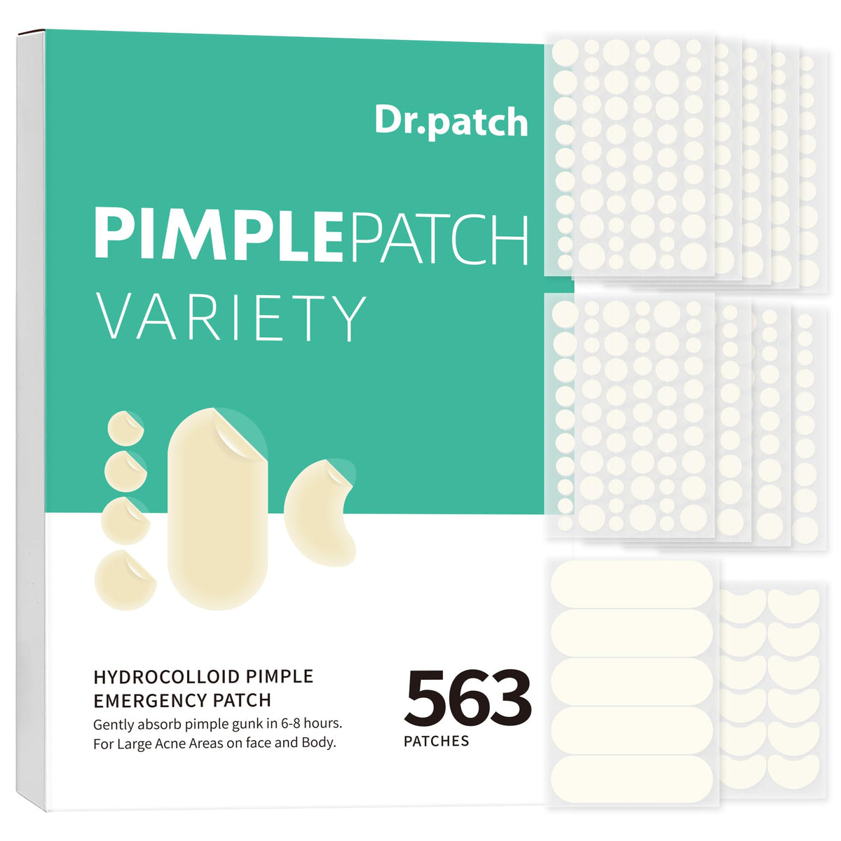 Dr.patch 563 Count Pimple Patches - Hydrocolloid Acne Patches for Face & Body, Invisible Thin, Large & Small Sizes for Whiteheads, Zits & Breakouts (Dots, Strip, Contoured 6 Sizes) Dr.patch