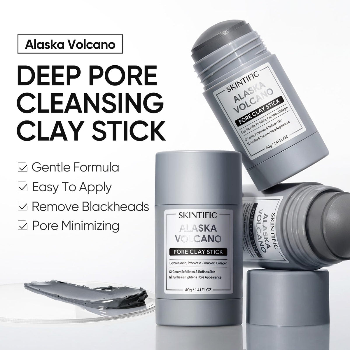 SKINTIFIC Deep Pore Cleansing Blackhead Remover Face Mask Stick, Mud Mask with Natural Alaska Volcano Clay, Gentle Exfoliating, Smoothing Skin, Non-Drying, Skincare Facial Mask SKINTIFIC