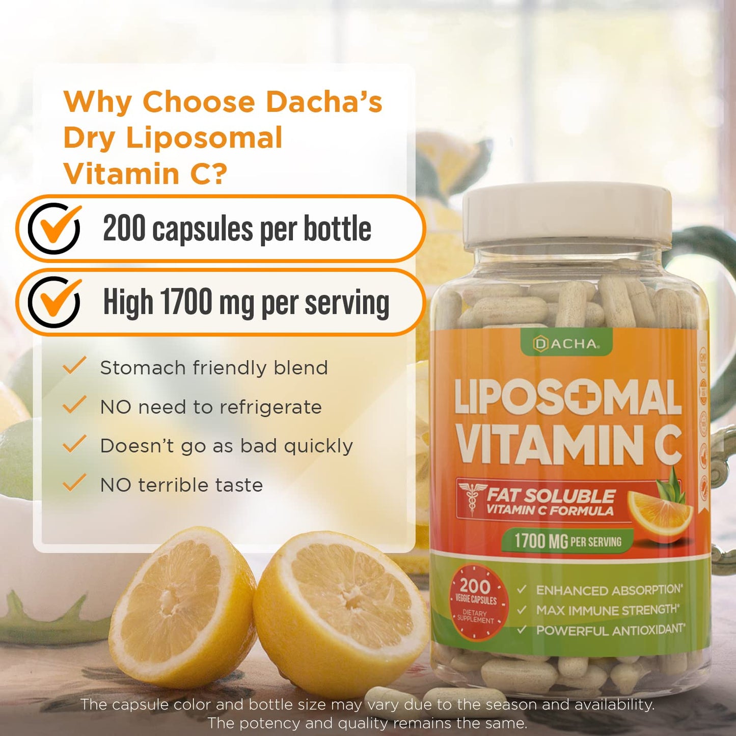 DACHA Natural Liposomal Vitamin C - 1700mg, 200 Capsules, Immune System & Collagen Booster, High Absorption Fat Soluble VIT C DACHA