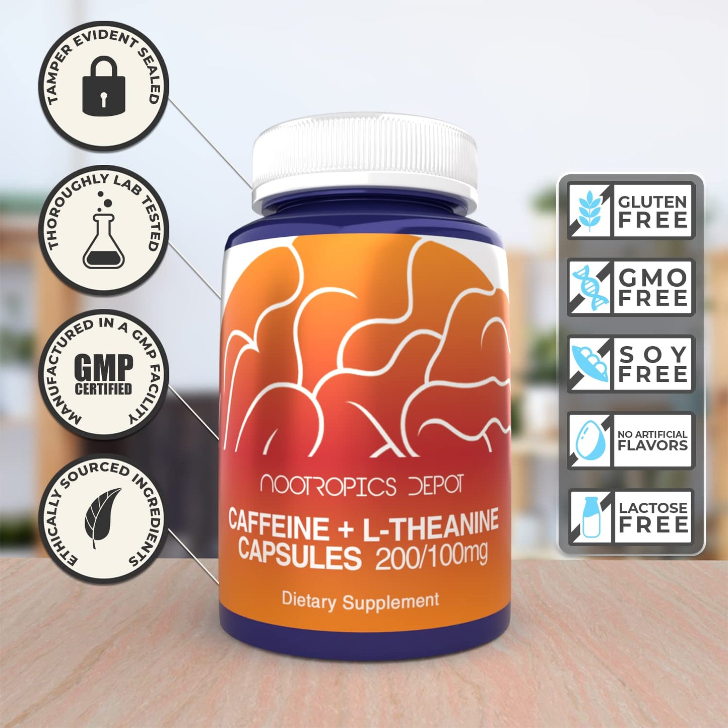 Nootropics Depot Caffeine and L-Theanine Capsules | 60 Count | Contains 200mg of Caffeine and 100mg of L-Theanine | Natural Supplement | Energy Booster | Mental Focus + Alertness | Coffee Alternative