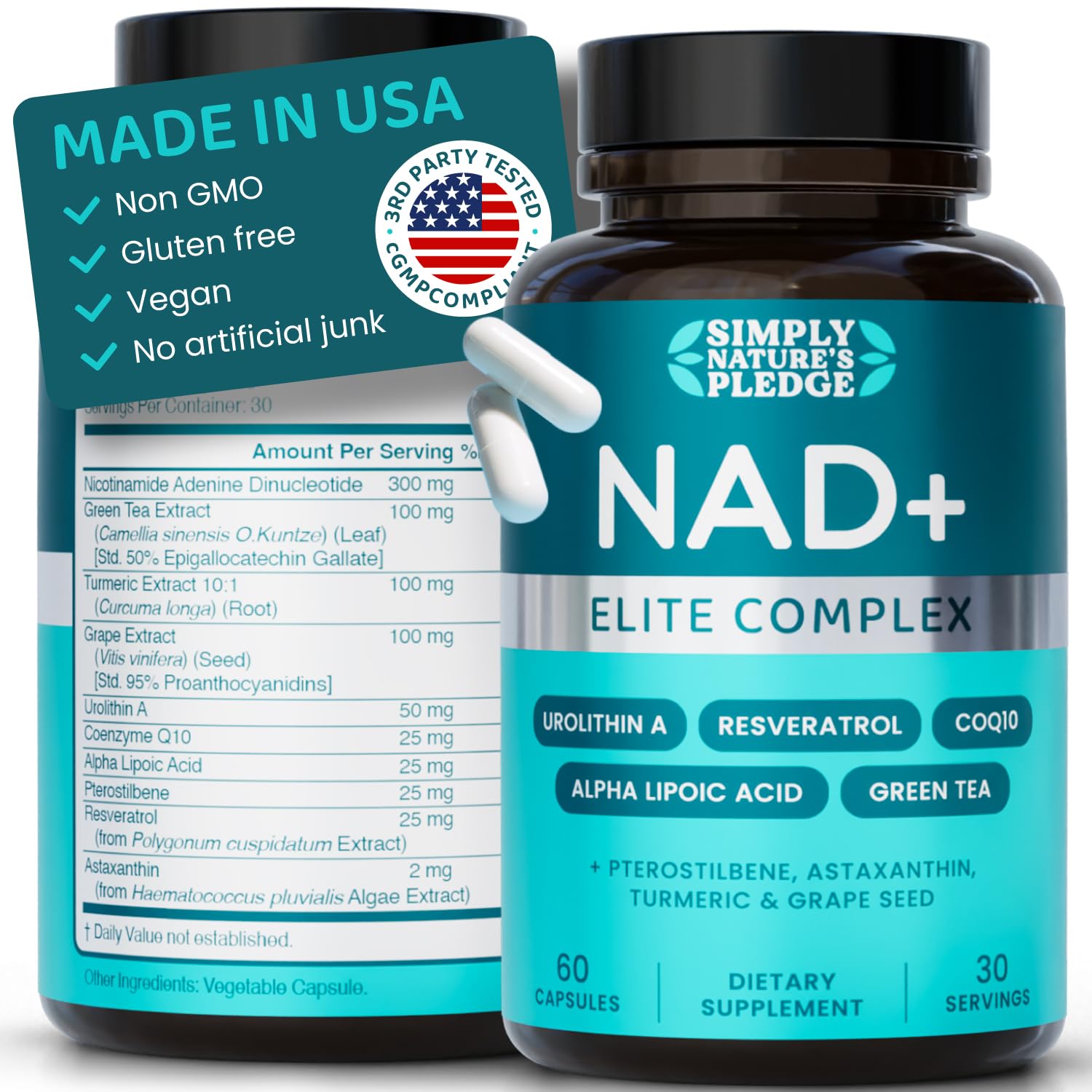 NAD+ Elite Complex – Direct NAD+ 300 mg with Urolithin A, Resveratrol, CoQ10 & Antioxidant Blend – Cellular Energy, Mitochondrial Support & Healthy Aging – Vegan, Non-GMO, 60 Capsules (30 Servings) Simply Nature's Pledge buy australia supplements