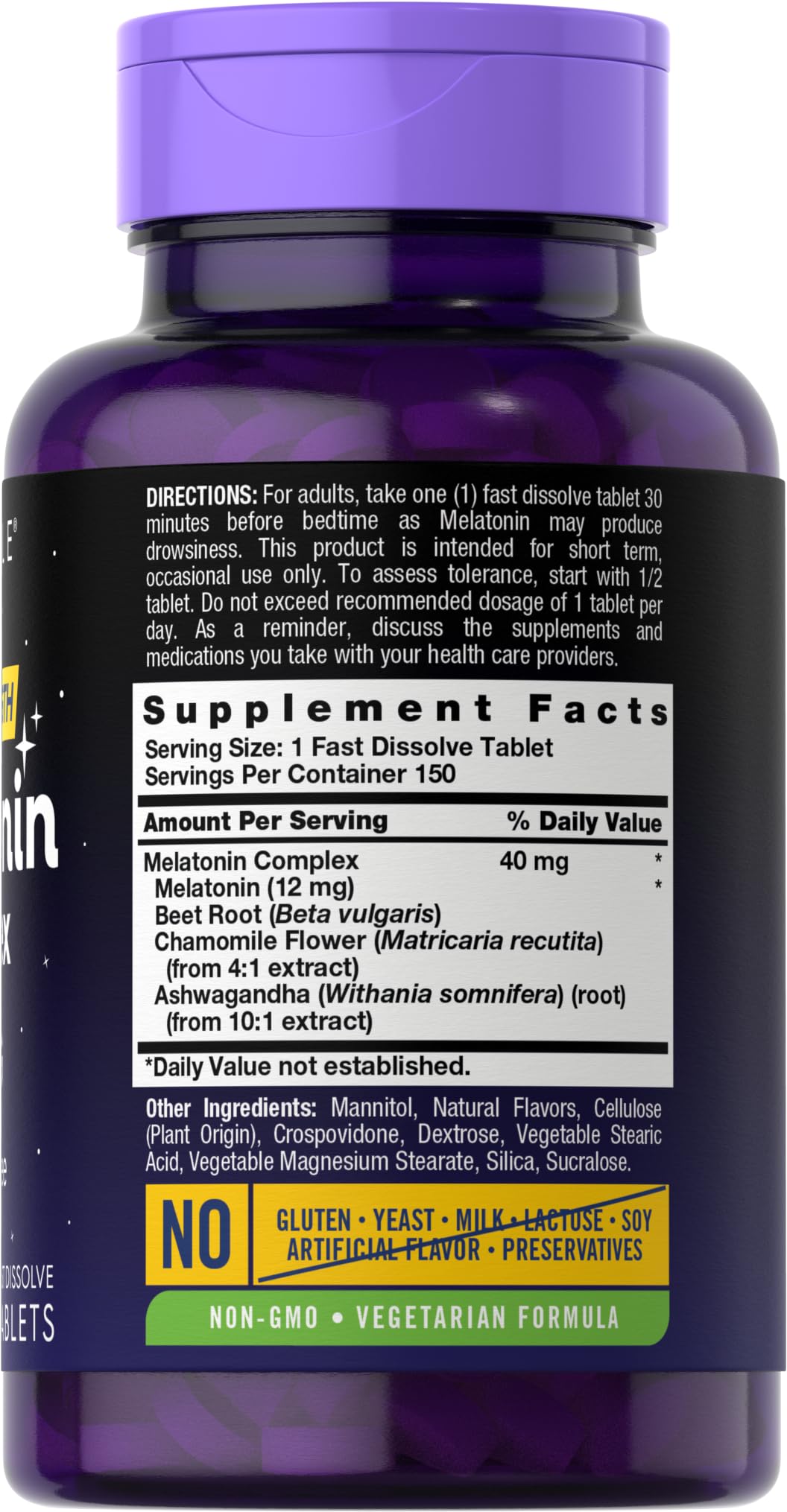 Carlyle Melatonin 40mg Complex | 150 Fast Dissolve Tablets | Extra Strength Support | with Ashwagandha and Chamomile | Vegetarian, Non-GMO, Gluten Free Supplement Carlyle