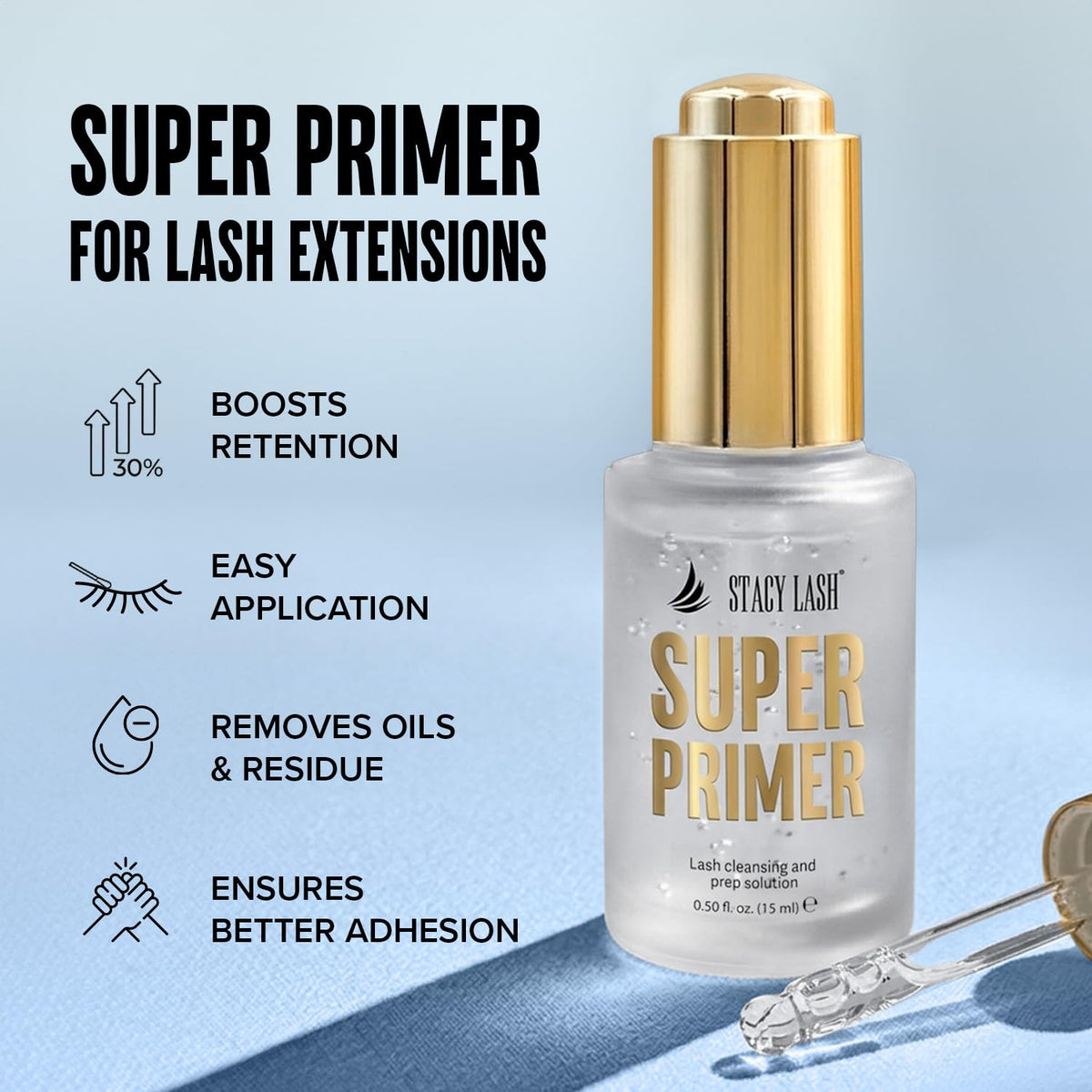 Stacy Lash Primer for Lash Extensions | Super Primer/Cleanser 15ml | Eyelash Extension Primer | Protein Oil Remover | Increase Adhesive Bonding Power Retention | Professional Lash Supplies STACY LASH