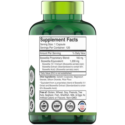 tnvitamins Boswellia Extract Capsules, 120 Count | 1,200 mg Per Capsule | 65% Boswellic Acids + 10:1 Concentrated Extract | Boswellia Serrata tnvitamins
