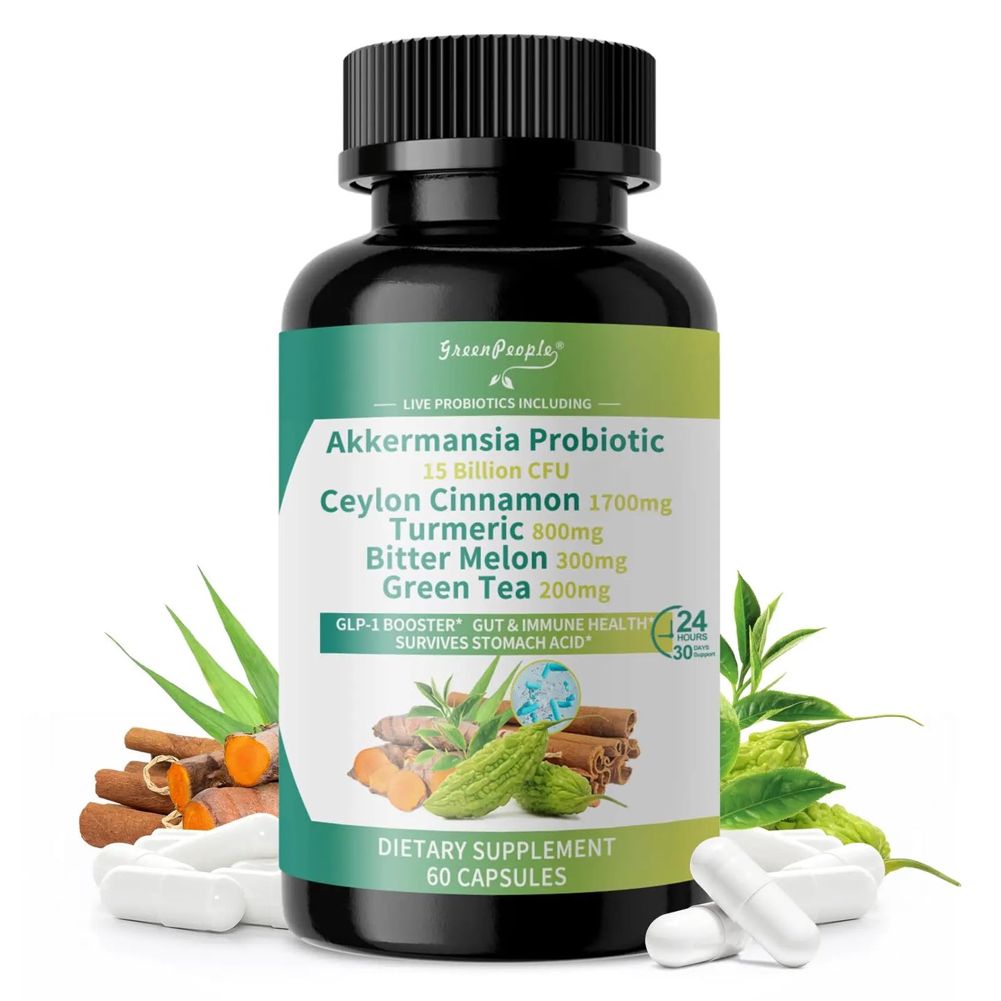 GREENPEOPLE Akkermansia Probiotics 15B CFU for Gut Function, 60CT Probiotics Supplement with Ceylon Cinnamon, Turmeric | Digestive Health & Metabolic Support GREENPEOPLE