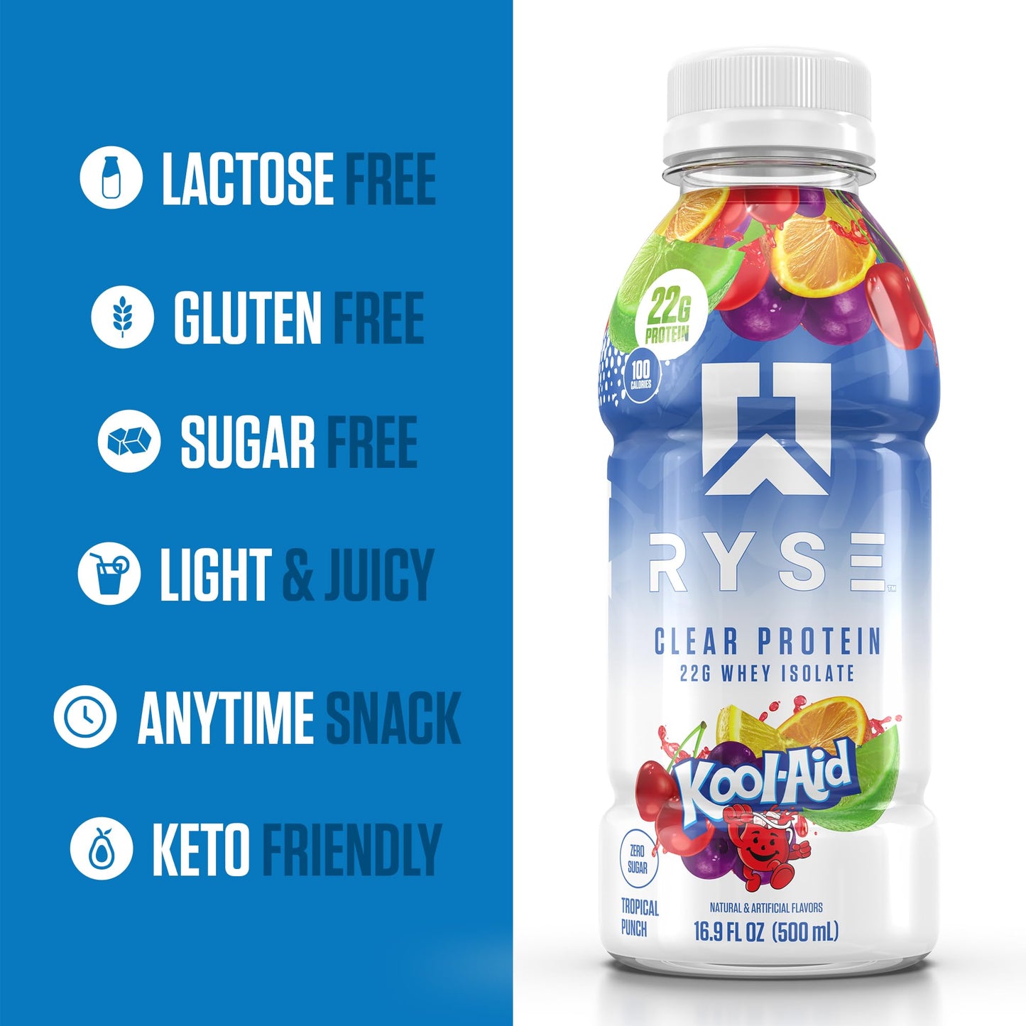 RYSE Clear Protein Drink - Variety Pack - 100 Calories, 22g Whey Isolate Protein Shake, Sugar-Free, 0g Fat & Lactose-Free - Refreshing Ready-to-Drink Beverage - 16.9 fl oz Bottles (12-Pack)