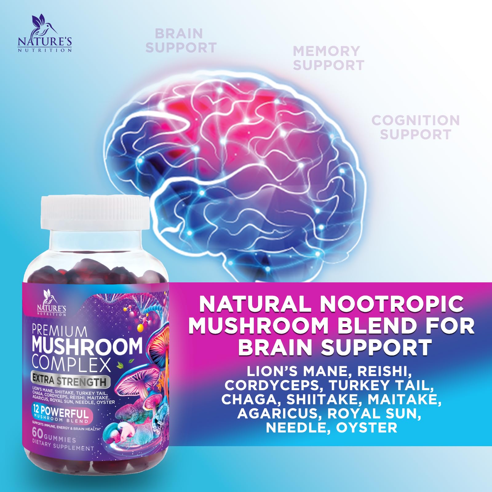 Mushroom Gummies Supplement 12 in 1 - High Grade Blend for Adults with Lions Mane, Reishi, Cordyceps, & Chaga Mushroom Complex Gummy, Memory & Immune Support & Nootropic Brain Supplements - 60 Gummies Nature's Nutrition buy australia supplements