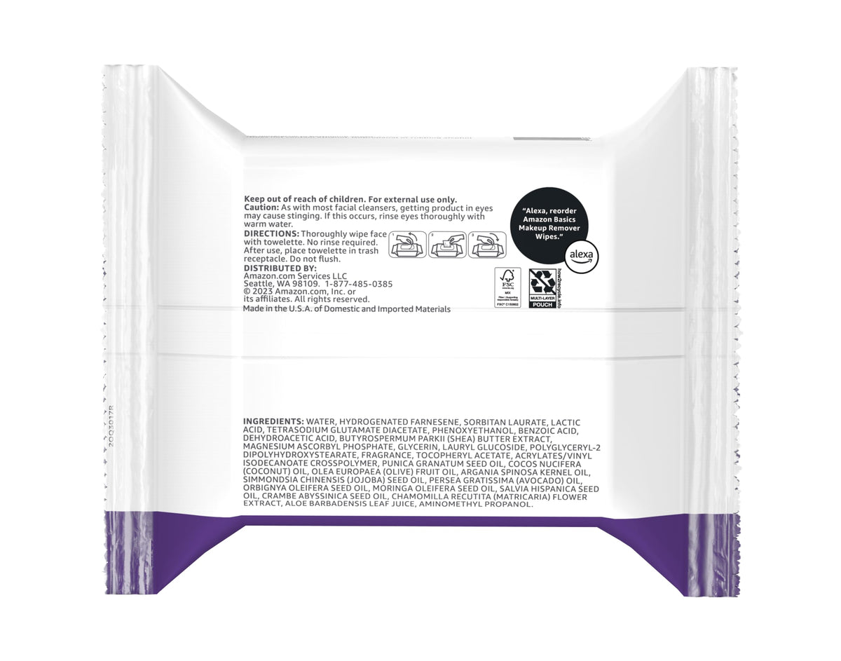 Amazon Basics Makeup Remover Wipes, Night Calming, Gentle Cleansing, Plant Based, Alcohol-Free, Removes Waterproof Mascara, Dermatologist Tested, 25 Count, 1-Pack Amazon Basics