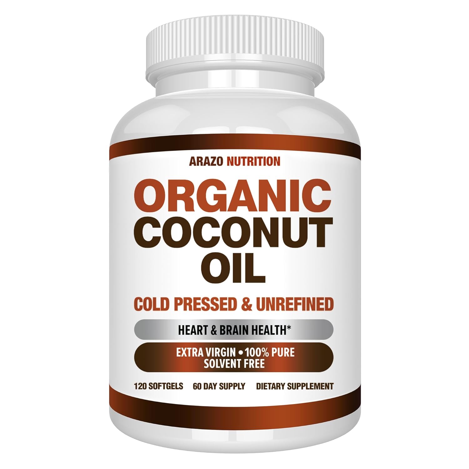 Arazo Nutrition Organic Coconut Oil 2000 MG Per Serving - 100% Extra Virgin Unrefined Cold Pressed for Weight Support, Skin, Hair, Nails - 120 Softgel Capsules Gsupps Australia