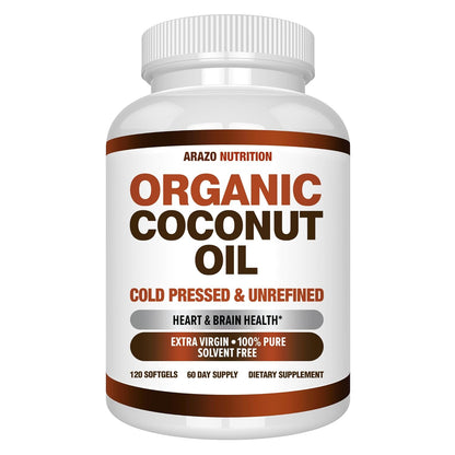 Arazo Nutrition Organic Coconut Oil 2000 MG Per Serving - 100% Extra Virgin Unrefined Cold Pressed for Weight Support, Skin, Hair, Nails - 120 Softgel Capsules Gsupps Australia