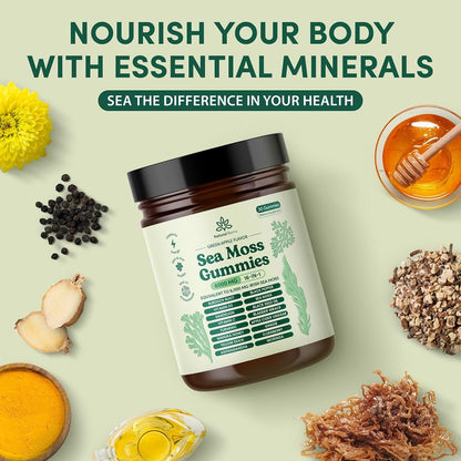 Natural Rems Sea Moss Gummies 16-in-1 - Ashwagandha Black Seed Oil Bladder Wrack Turmeric Vitamin C & D3 with Manuka Burdock Root Dandelion Yellow Natural Rems