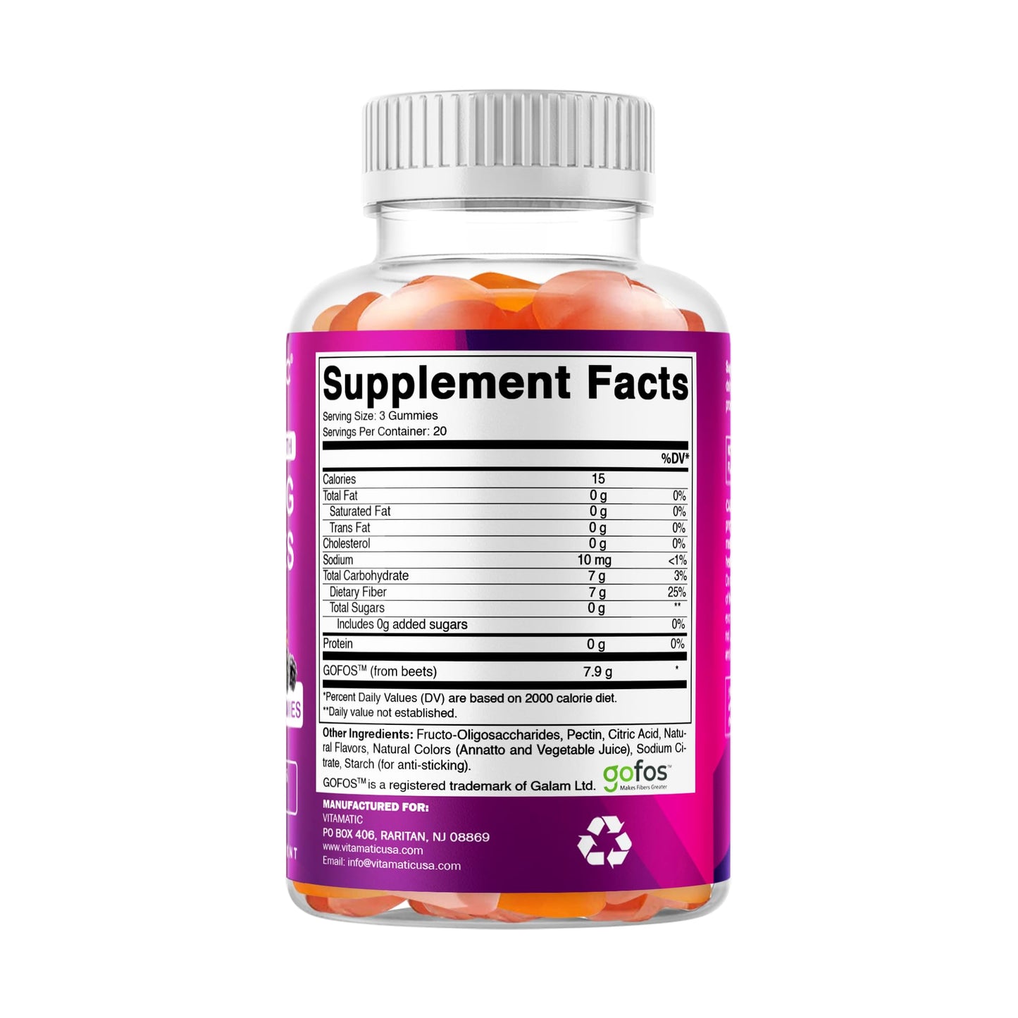 Vitamatic Prebiotic Fiber Gummies for Adults – 2 Pack (Total 120 Gummies) 7g Fiber per Serving | Extra Strength | Zero Sugar Added | Pectin-Based Vitamatic