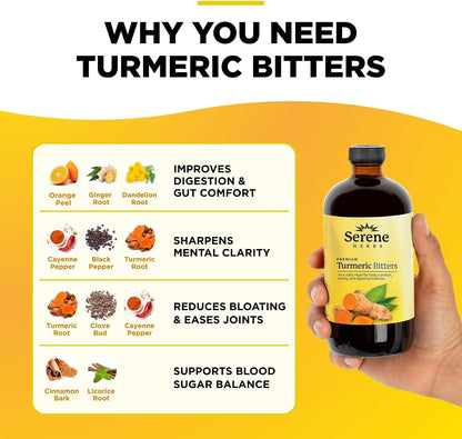 Serene Herbs Liquid Turmeric with Black Pepper - Turmeric Shots Curcumin Supplement 1000mg Extra Strength Herbal Drink, Digestive Bitters for Bloating Relief, Joint Health, Energy & Clarity - 16oz