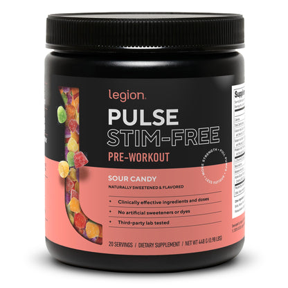 LEGION Pulse Pre Workout Supplement - All Natural Nitric Oxide Preworkout Drink to Boost Energy, Creatine Free, Naturally Sweetened, Beta Alanine, Citrulline, Alpha GPC (Caffeine Free Blue Razz)