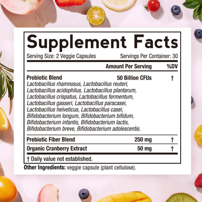 Doctor's Recipes Women's Probiotic, 60 Caps 50 Billion CFU 16 Strains, with Organic Cranberry, Digestive Immune Vaginal & Urinary Health, Shelf Stable Doctor's Recipes