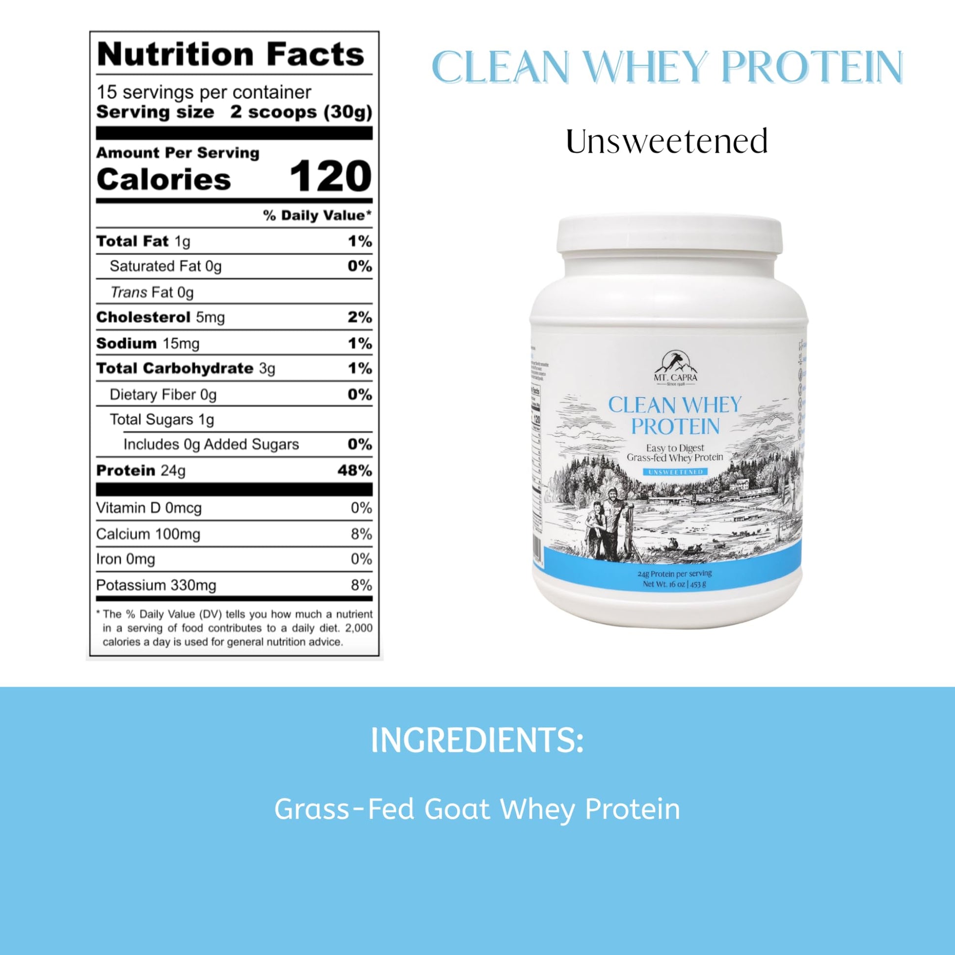 Mt. Capra Clean Whey Protein | Grass-Fed Undenatured Goat Whey Protein Powder | 24 g Protein Per Serving, All Natural, Non-GMO, High in Branch Chain Amino Acids | Unsweetened | 15 Servings - 16 oz MT. CAPRA SINCE 1928 buy australia supplements