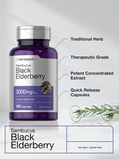 Horbäach Black Elderberry | 180 Count | Non-GMO, Gluten Free | Sambucus Extract Supplement Horbäach