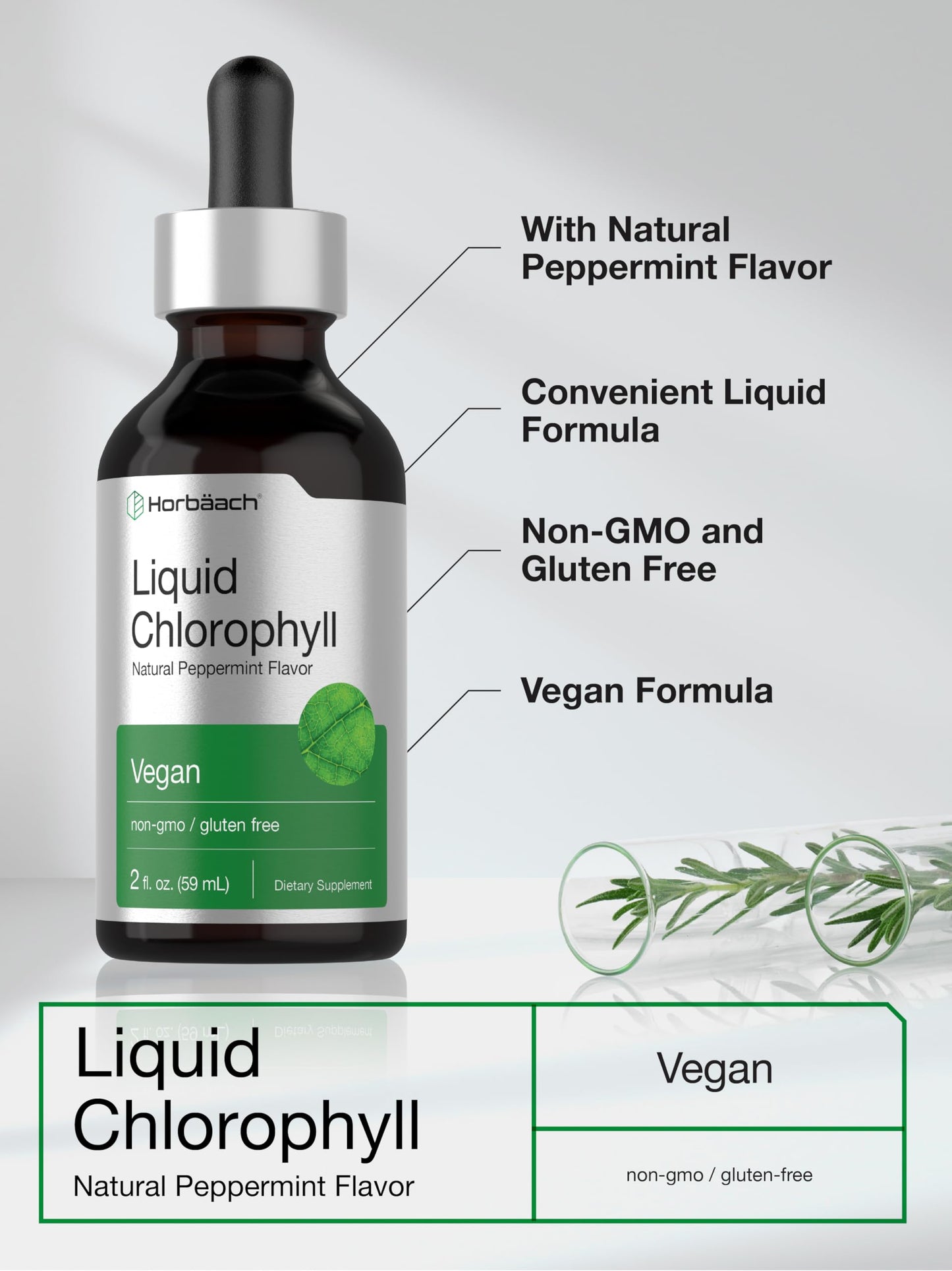 Horbäach Liquid Chlorophyll Drops | 2 oz | Vegan, Non-GMO, and Gluten Free Formula | Natural Peppermint Flavor Horbäach