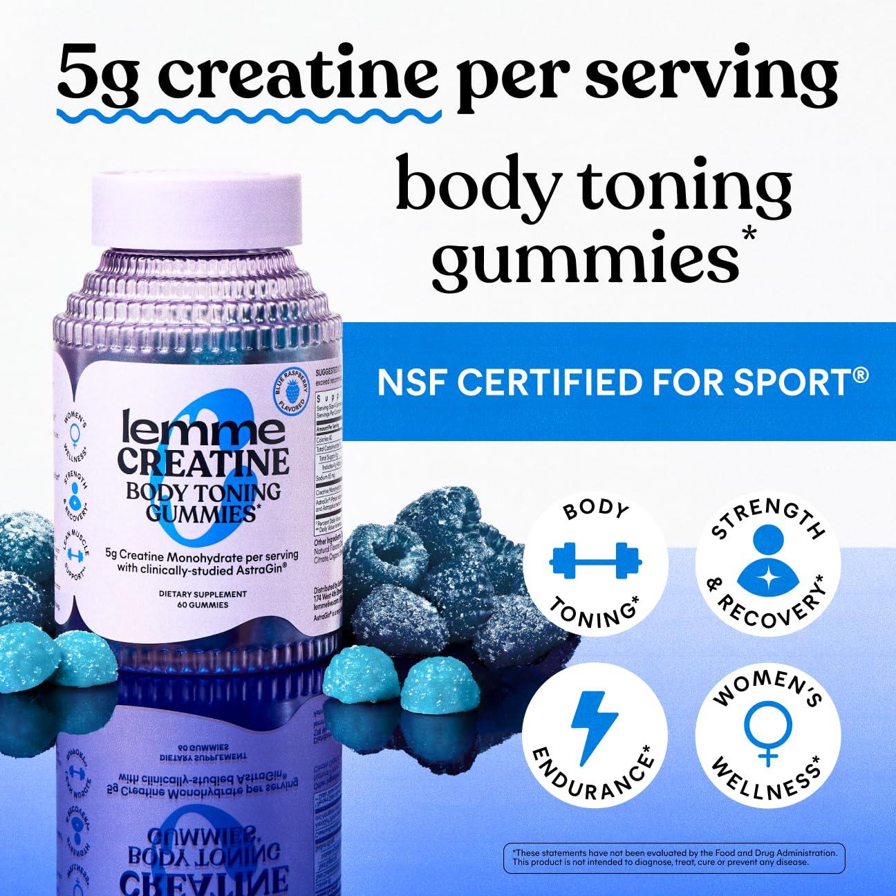 Lemme Creatine Monohydrate Gummies for Women and Men, 5g Dose to Support Lean Muscle, Strength, Recovery, Cognitive Health, w/Ginseng for Absorption, Sour Strawberry, NSF Certified, 60 Gummies