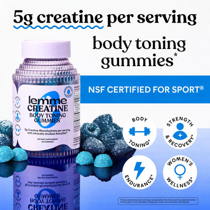 Lemme Creatine Monohydrate Gummies for Women and Men, 5g Dose to Support Lean Muscle, Strength, Recovery, Cognitive Health, w/Ginseng for Absorption, Sour Strawberry, NSF Certified, 60 Gummies