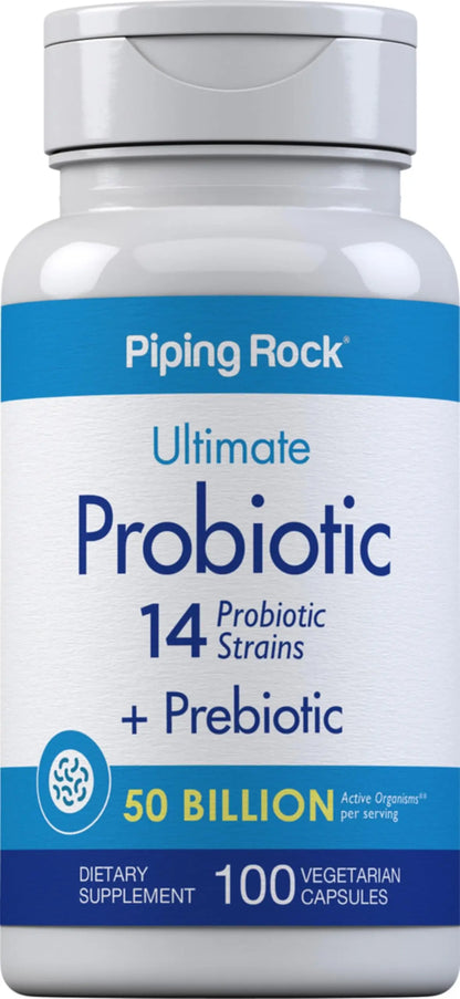 Piping Rock Probiotic and Prebiotic for Women and Men | 50 Billion CFU | 100 Capsules | Ultimate 14 Strain Supplement | Vegetarian, Non-GMO, Gluten Free Piping Rock