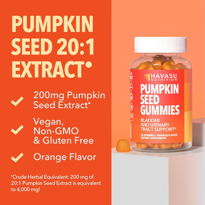 Pumpkin Seed Oil Gummies for Bladder and Urinary Tract Support, 30 Servings | 200mg Pumpkin Seed Extract Per Serving, Vegan, Non-GMO, Gluten-Free, Sugar Free Pumpkin Seed Gummies, Orange Flavor Gsupps Australia