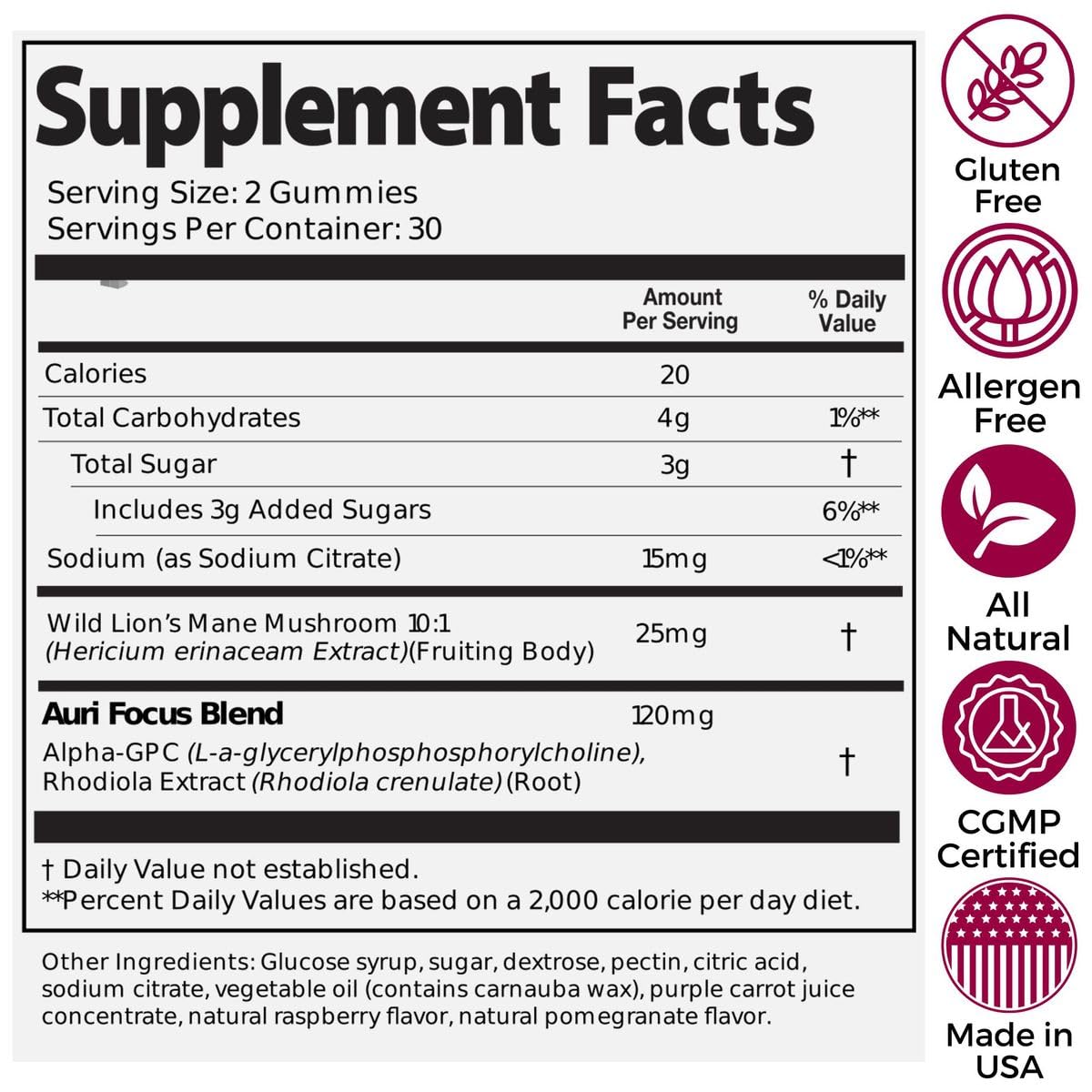 Auri Nutrition Super Mushroom Focus Gummies w/Lion's Mane, Alpha GPC & Rhodiola – Mushroom Supplement to Support Cognitive Function, Mental Clarity, Focus & Energy Auri