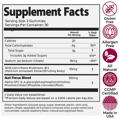 Auri Nutrition Super Mushroom Focus Gummies w/Lion's Mane, Alpha GPC & Rhodiola – Mushroom Supplement to Support Cognitive Function, Mental Clarity, Focus & Energy Auri