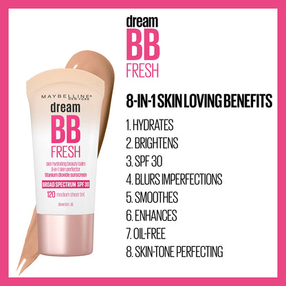 Maybelline Dream Fresh Skin Hydrating BB cream, 8-in-1 Skin Perfecting Beauty Balm with Broad Spectrum SPF 30, Sheer Tint Coverage, Oil-Free, Light/Medium, 1 Fl Oz MAYBELLINE