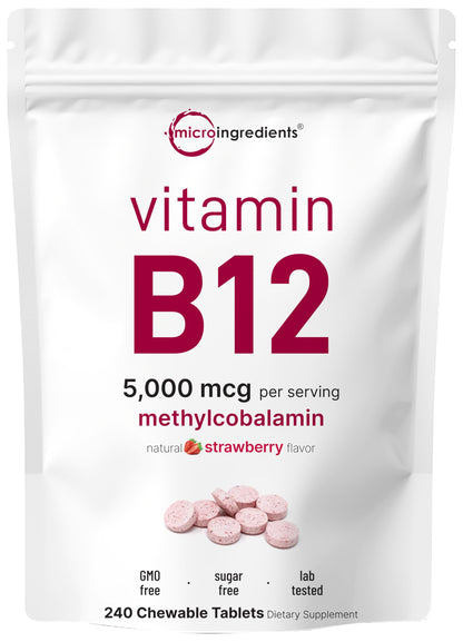 Micro Ingredients Vitamin B12 5,000 mcg | Methylcobalamin – 240 Chewable Tablets | Fast Dissolve, Natural Strawberry Flavor Micro Ingredients