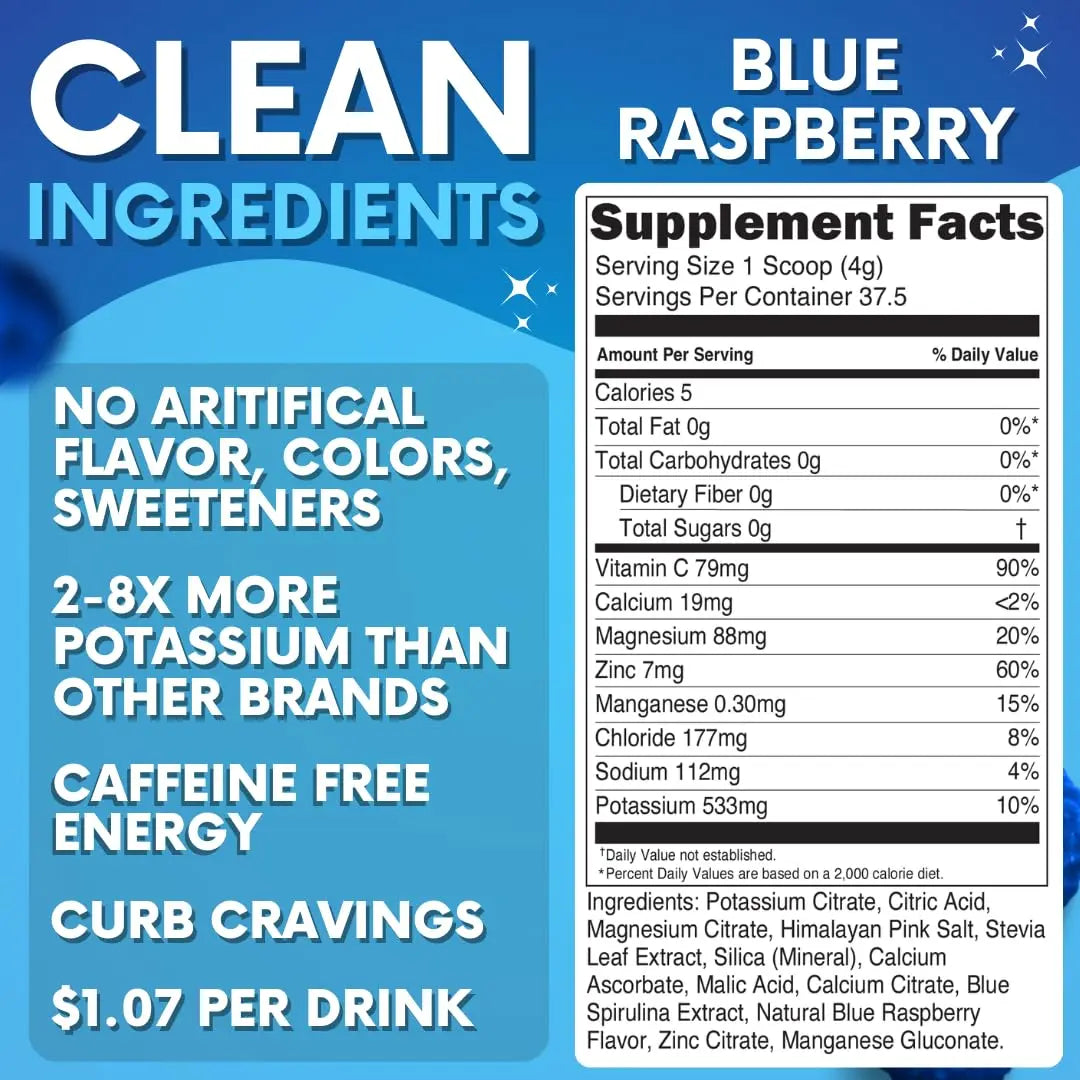 Zero Sugar - Blue Raspberry Electrolytes Powder - Refreshing Hydration - Caffeine Free Energy - All Natural Ingredients - Vegan, Keto and Paleo - Sugar Free Electrolyte Powder Drink Mix - 37 Servings My Adventure to Fit
