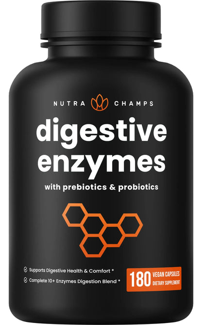 NutraChamps Digestive Enzymes with Probiotics and Prebiotics for Women & Men - 180 Vegan Capsules with Bromelain for Bloating & Optimal Gut Health NutraChamps