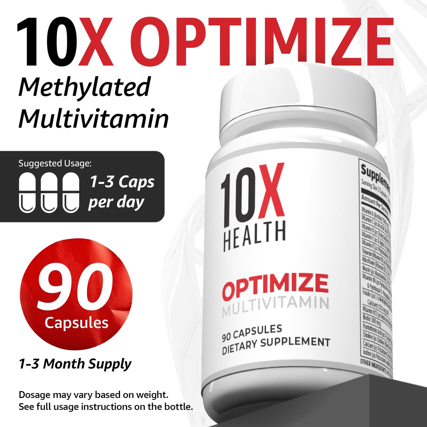 10X Health Optimize Methylated Multivitamin for Men - 90 Capsules, 34 in 1 Formula with 800 mcg of Vitamin B12, 5-MTHF, NAC 10X Health System