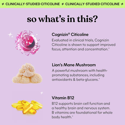 Lemme Focus Concentration & Brain Health Gummies with Cognizin Citicoline, Lion's Mane Mushroom, Vitamin B12 to Support Focus + Concentration - Gluten Free, Caffeine Free, Strawberry (50 Count)