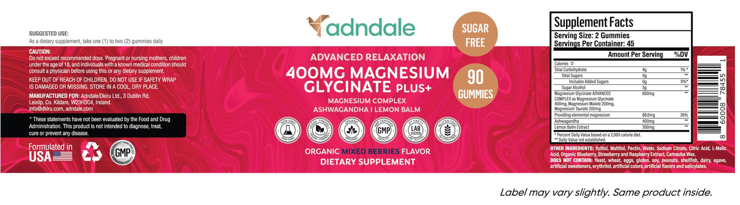 Adndale 180 CT Magnesium Glycinate Gummies 400 mg/Serv with Ashwagandha, Magnesium Malate & Taurate Adndale