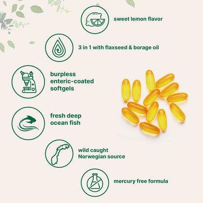 Ultra Omega 3-6-9 3600mg Per Serving, 300 Burpless Softgels | Lemon Flavor – Blend of Fish, Flaxseed, Borage Oils | Bioavailable Source Micro Ingredients