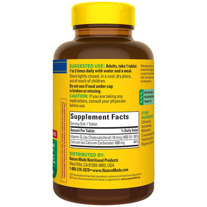 Nature Made Calcium 600 mg with Vitamin D3, Dietary Supplement for Bone Support, 220 Tablets Nature Made