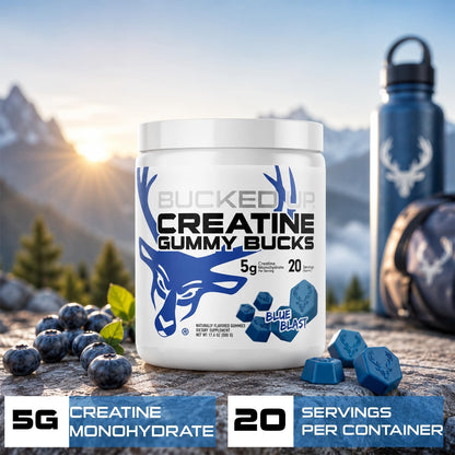 Bucked Up Creatine Gummy Bucks Blue Blast | 5g Creatine Monohydrate per Serving | Non GMO Gluten Free Vegan Creatine Gummies | Chewable Creatine Supplement (20 Servings)