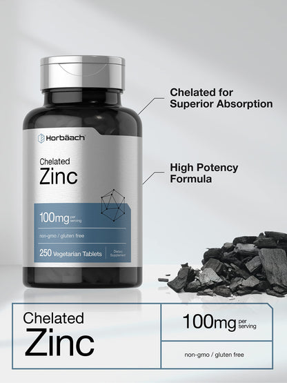 Horbäach Chelated Zinc Supplement 100mg | 250 Tablets | High Potency & Superior Absorption | Vegetarian, Non-GMO, Gluten Free Horbäach