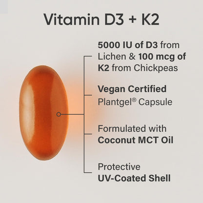 Sports Research® Vegan Vitamin D3 + K2 w/Coconut Oil, 60 Count Plantgels™ | Plant-Based Vitamin D 5000iu/125mcg & Soy-Free Vitamin K 100mcg for Bone & Immune Support - Vegan Certified · Non-GMO Gsupps Australia