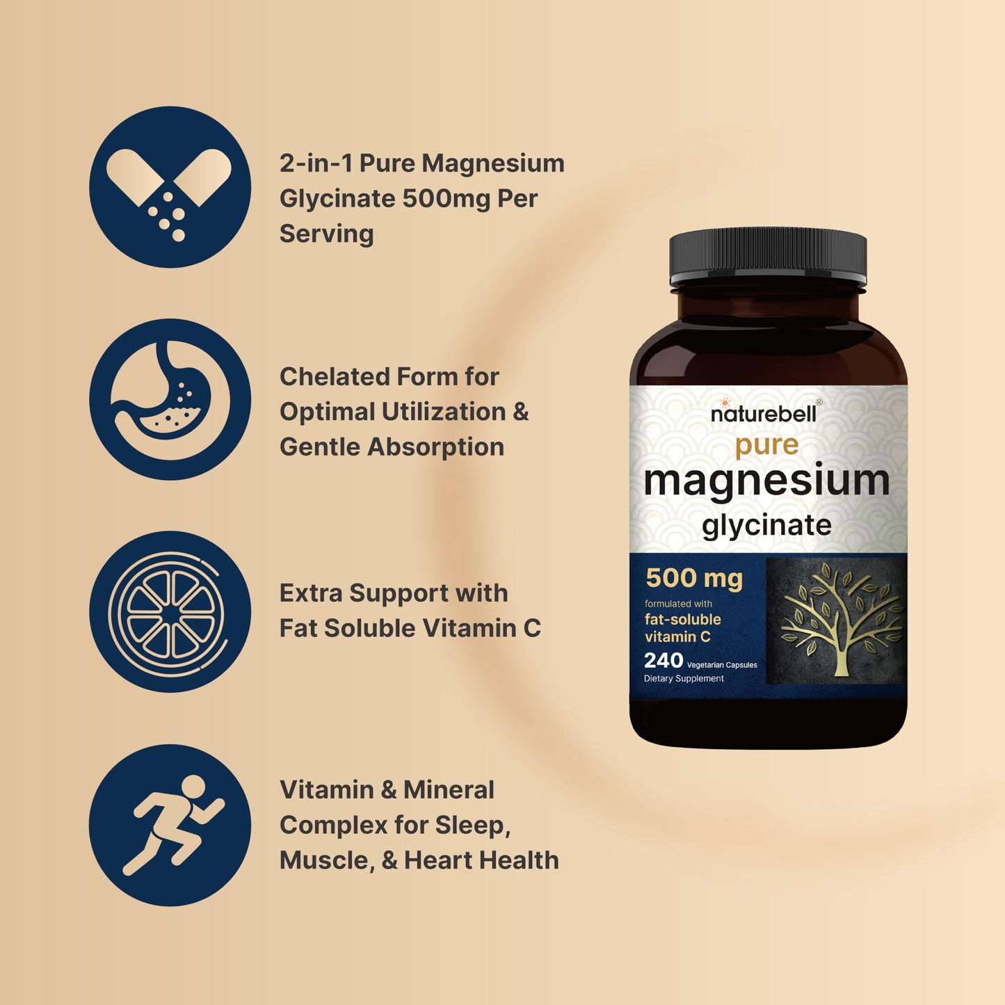 Naturebell Pure Magnesium Glycinate 500mg, 240 Veggie Capsules | 100% Chelated & Purified – 3rd Party Tested, Vegan Friendly, Non-GMO, Filler Free NatureBell