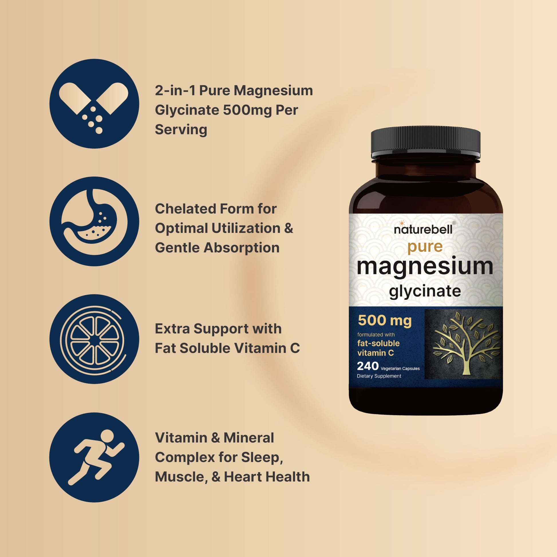 Naturebell Pure Magnesium Glycinate 500mg, 240 Veggie Capsules | 100% Chelated & Purified – 3rd Party Tested, Vegan Friendly, Non-GMO, Filler Free NatureBell