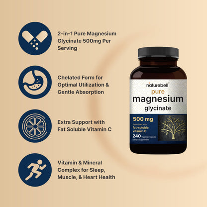 Naturebell Pure Magnesium Glycinate 500mg, 240 Veggie Capsules | 100% Chelated & Purified – 3rd Party Tested, Vegan Friendly, Non-GMO, Filler Free NatureBell