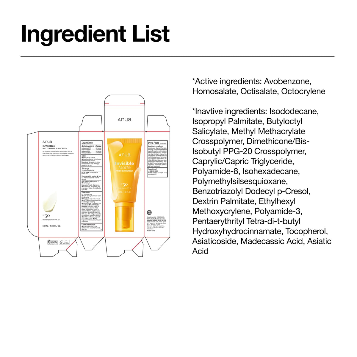 Anua Invisible Matte Finish Sunscreen, 1.69 fl.oz ANUA