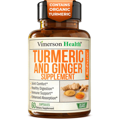 Turmeric and Ginger Supplement with Black Pepper for Joint Support, Digestive & Gut Health - Contains Organic Turmeric with Ginger Root Supplement Vimerson Health