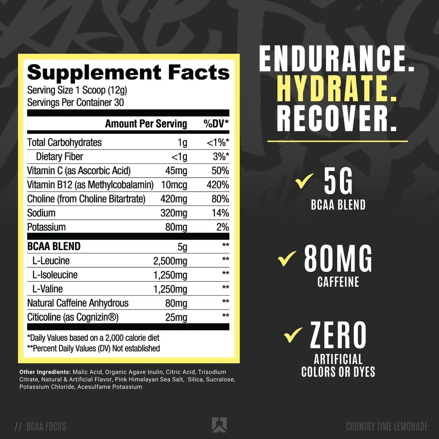 RYSE BCAA Focus Powder - Country Time Lemonade - BCAA Supplement with Electrolytes, Natural Caffeine & Cognizin Supports for Hydration, Recovery, Energy, and Focus for Men & Women - 30 Servings