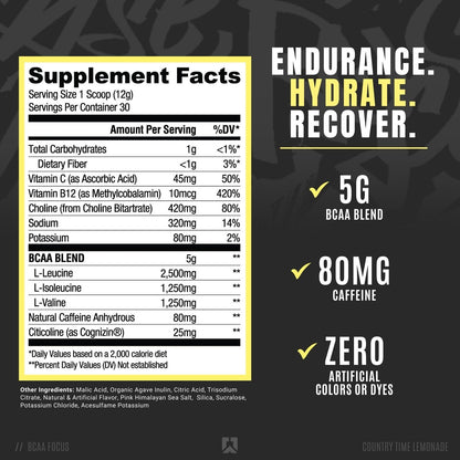 RYSE BCAA Focus Powder - Country Time Lemonade - BCAA Supplement with Electrolytes, Natural Caffeine & Cognizin Supports for Hydration, Recovery, Energy, and Focus for Men & Women - 30 Servings
