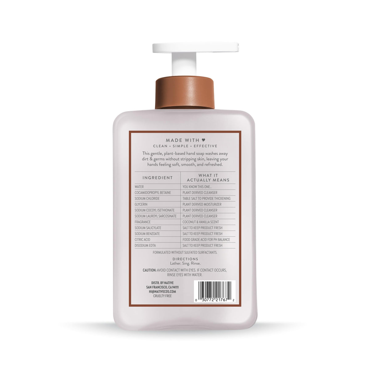 Native Liquid Hand Soap, Coconut & Vanilla Scent, Non-Drying Formula for Soft, Smooth Hands, Made with Plant-Based Cleansers, Sulfate & Paraben Free, 13 oz Bottle Native