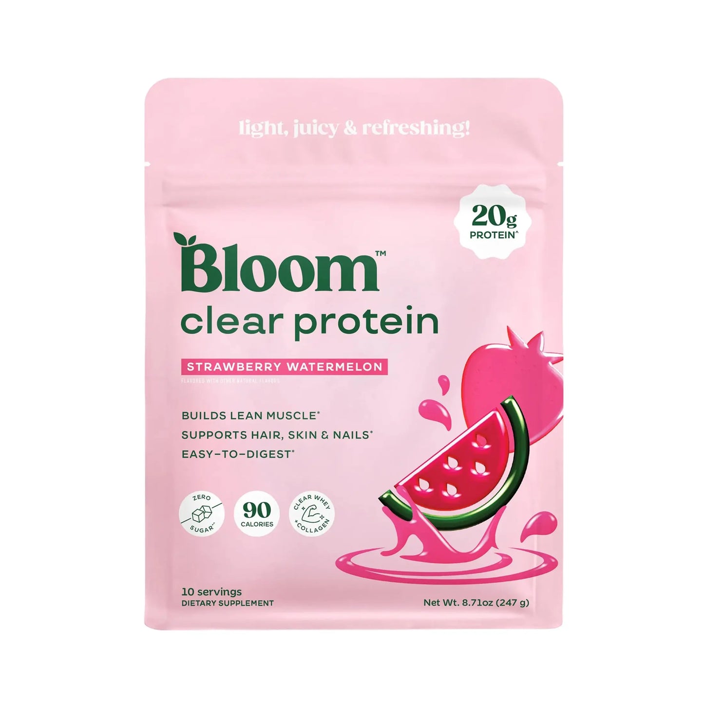 Bloom Clear Protein, Whey Protein Isolate with Collagen Peptides and Digestive Enzymes, 20g Protein, Sugar Free Post Workout Drink Mix, 90 Calories, Bloom Nutrition